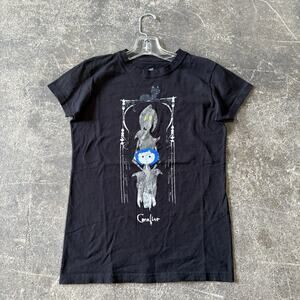 Coraline T Shirt Womens M Black Short Sleeve Portrait Graphic Slim Fit Emo